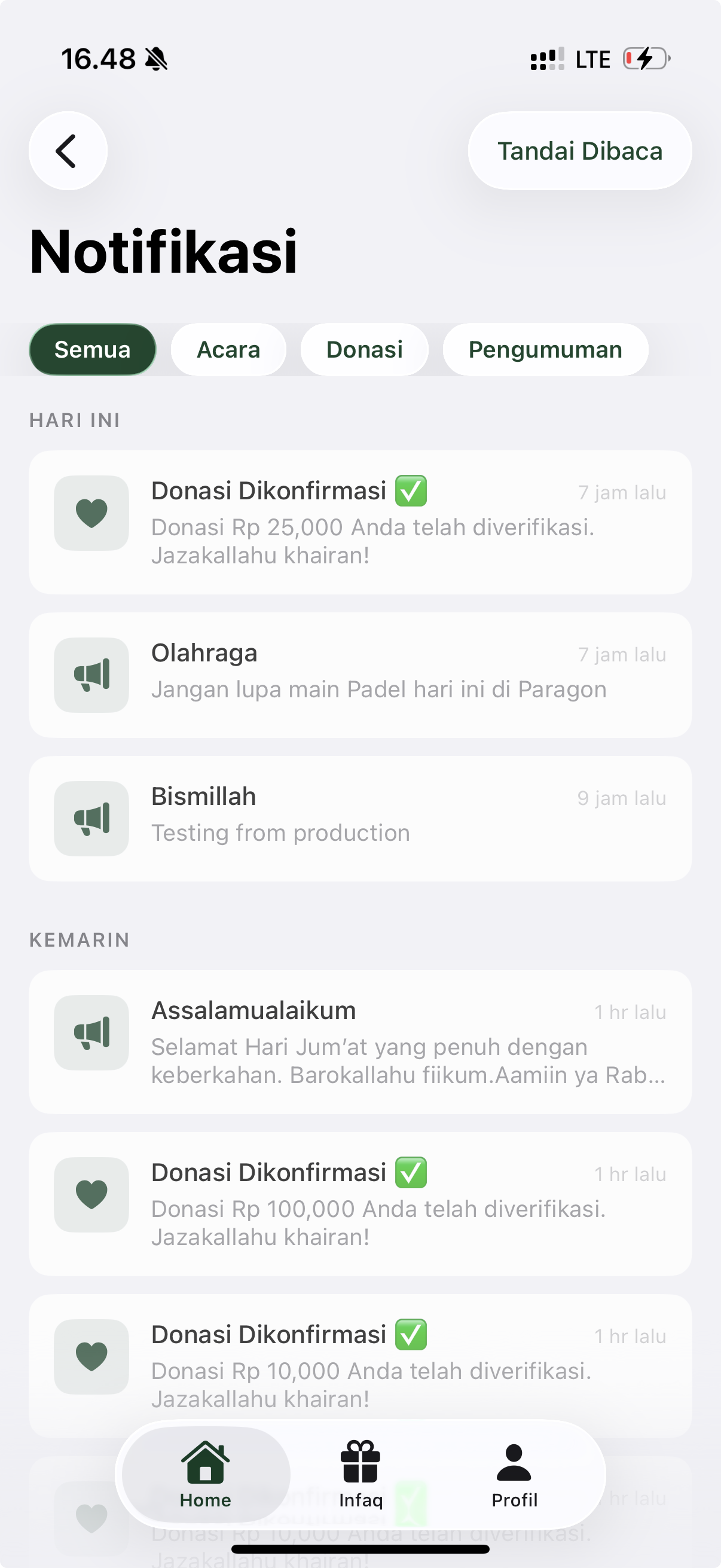 OneMasjid notifications screen
